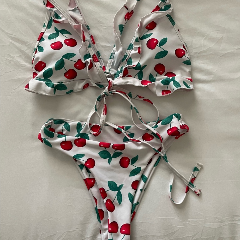 Zaful Red and White Cherry Print Bikini Size Small